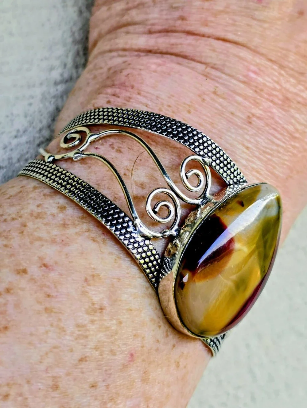 Mookaite Gemstone Cuff Bracelet In 925 Sterling Silver (Adjustable)